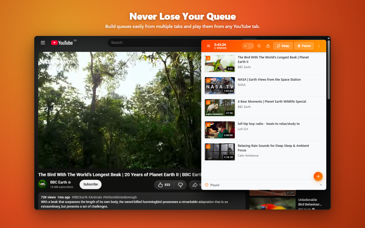 Streamline Persistent Playback queue drawer showing active videos playing smoothly on YouTube
