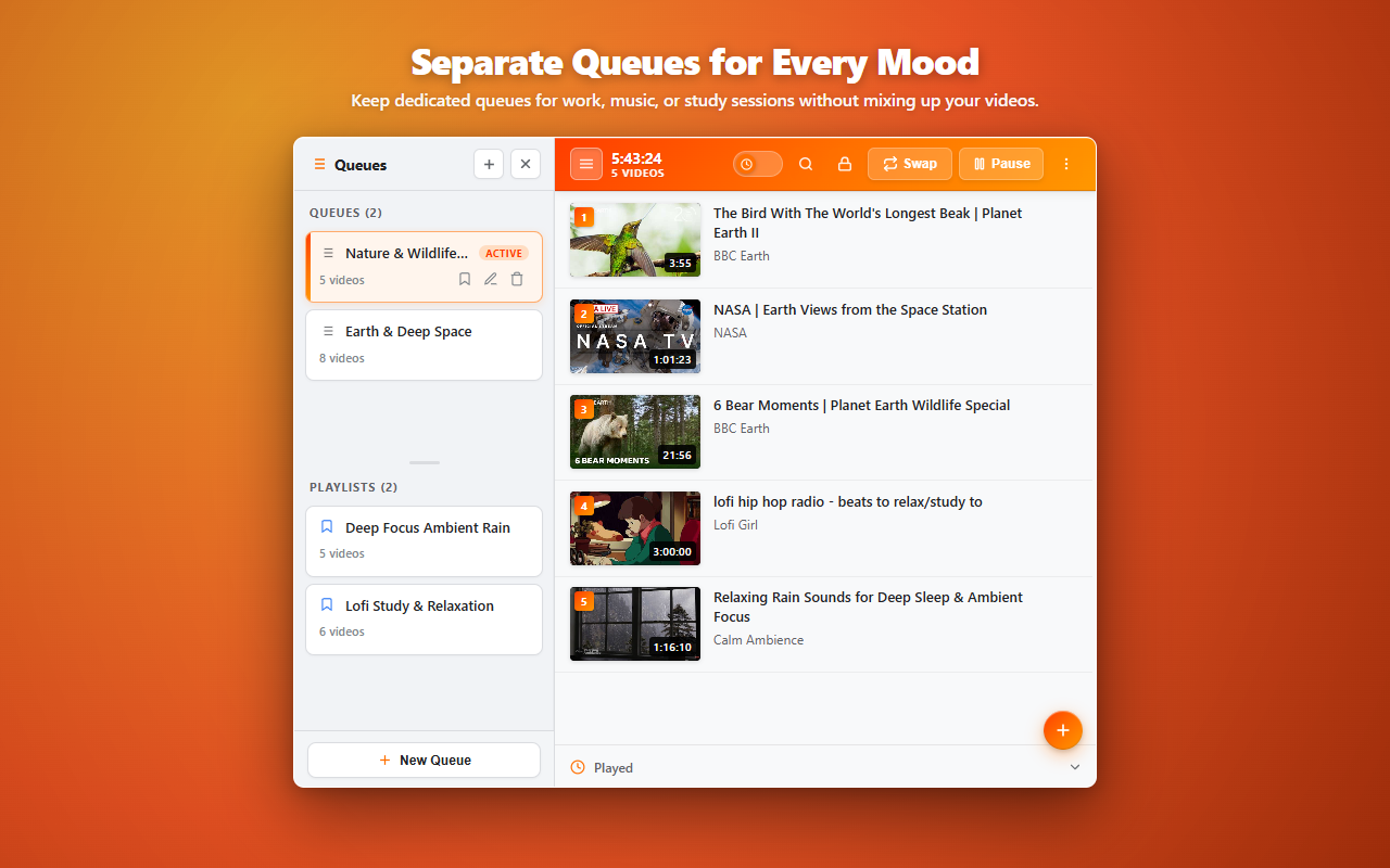 Streamline multi-queue drawer navigation showing separate queues and playlists